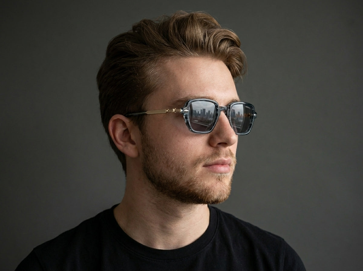 Lunettes de soleil carrées d'inspiration vintage Moscot – Rayures bleues et touches dorées